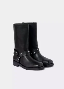 Mujer Brownie Spain Zapatos-Bota Biker Tachas Punta Cuadrada Piel