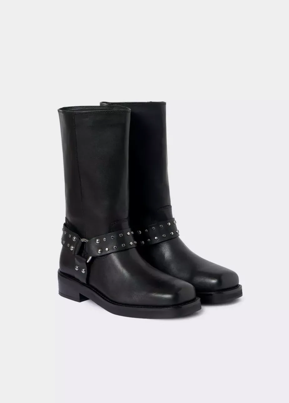 Mujer Brownie Spain Zapatos-Bota Biker Tachas Punta Cuadrada Piel