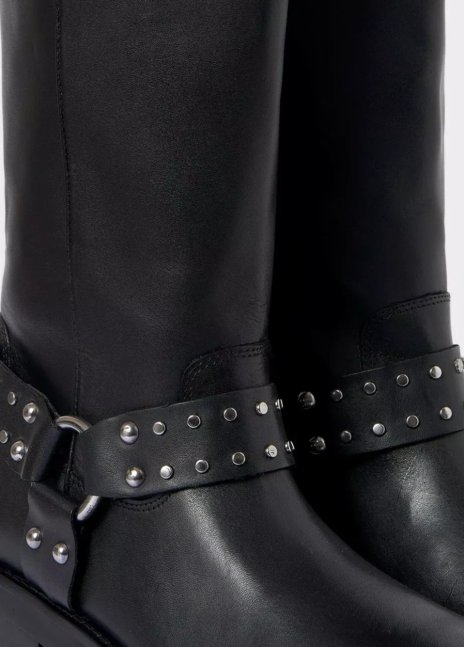 Mujer Brownie Spain Zapatos-Bota Biker Tachas Punta Cuadrada Piel