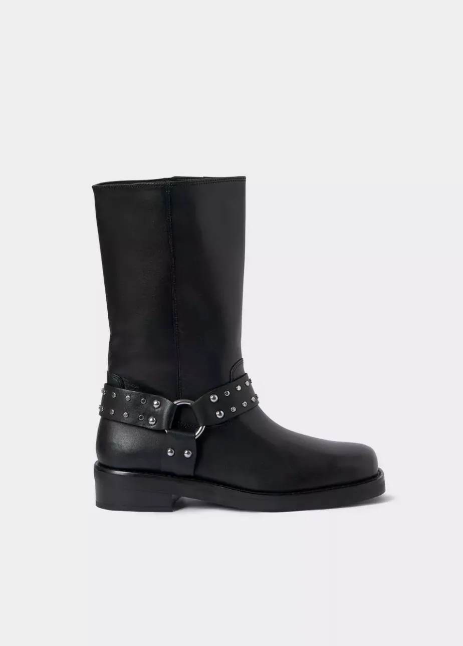 Mujer Brownie Spain Zapatos-Bota Biker Tachas Punta Cuadrada Piel