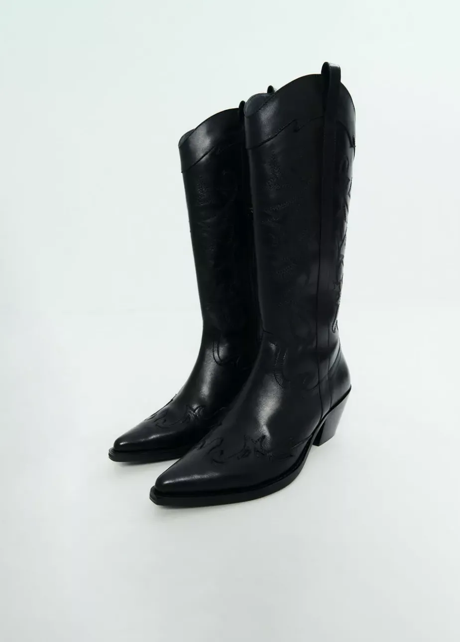 Mujer Brownie Spain Zapatos-Bota Cowboy Cana Alta Bordada Piel