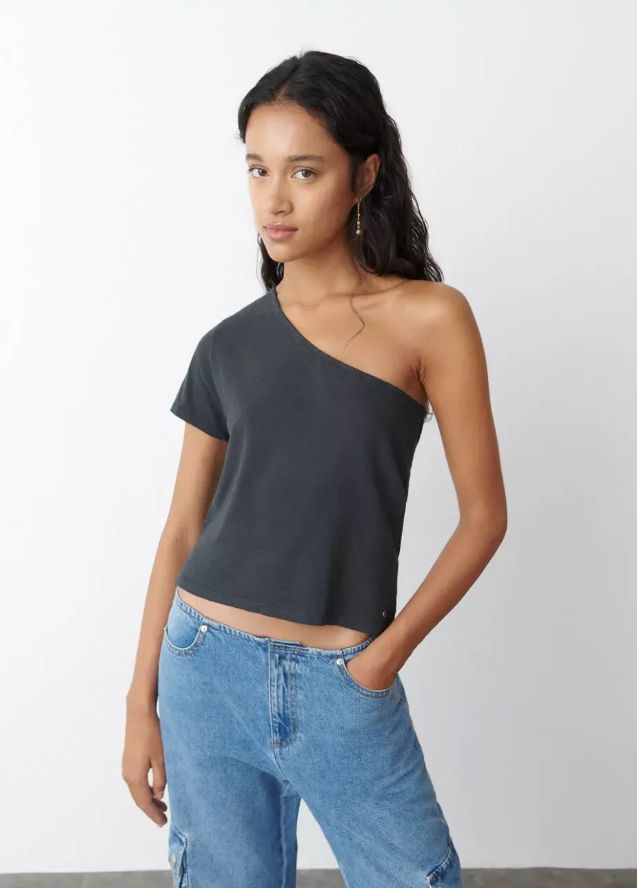 Mujer Brownie Spain Camisetas-Camiseta Asimetrica Manga Corta Antracita
