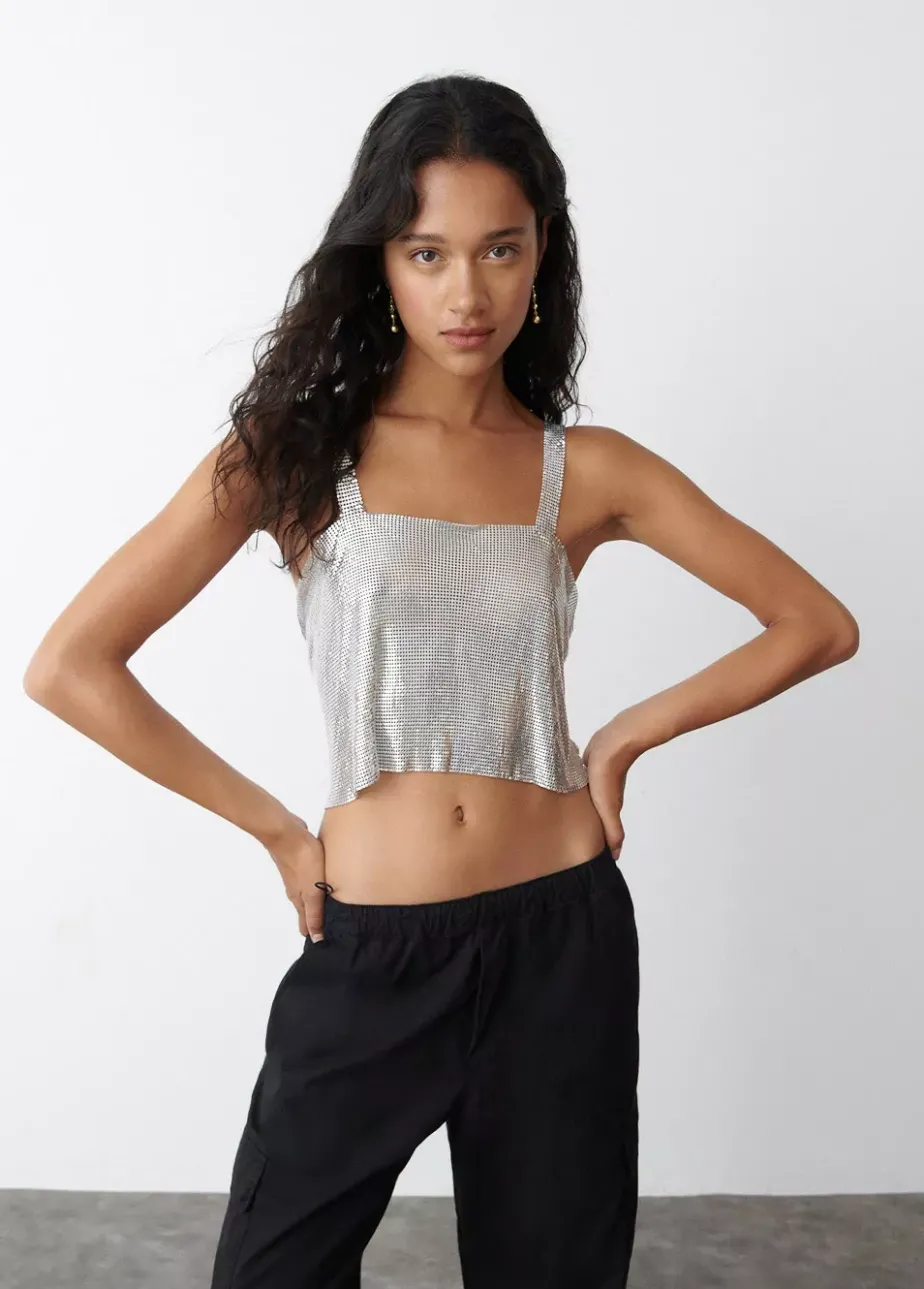 Mujer Brownie Spain Tops-Top Malla Metalica Plata